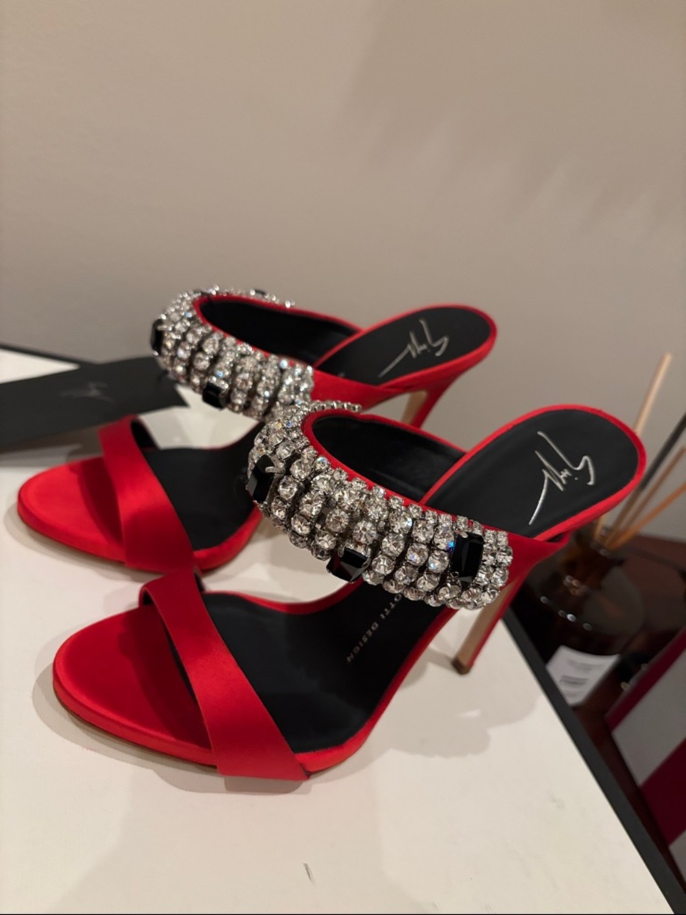 Giuseppe Zanotti Flame Red Satin high heel sandal mule with crystals sz.8 - Picture 6 of 17